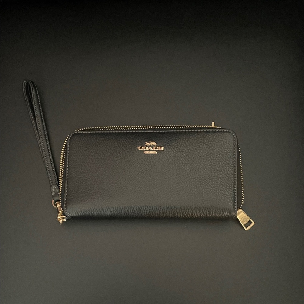 Coach pebbled textured Black Leather Wristlet with Gold Accents